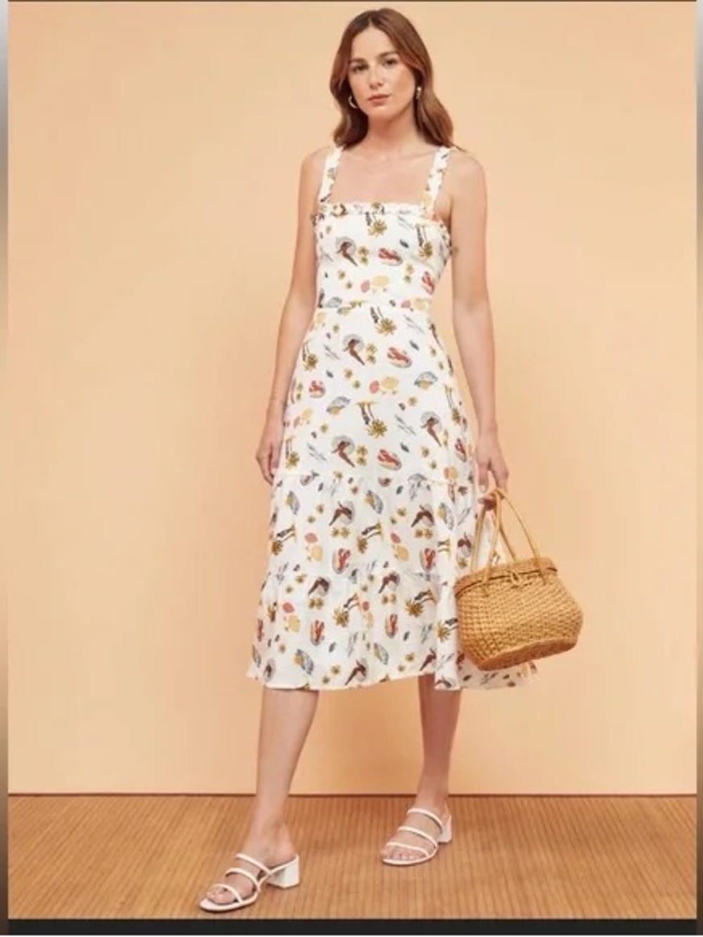 Reformation White Floral Midi Dress with Ruffled Straps